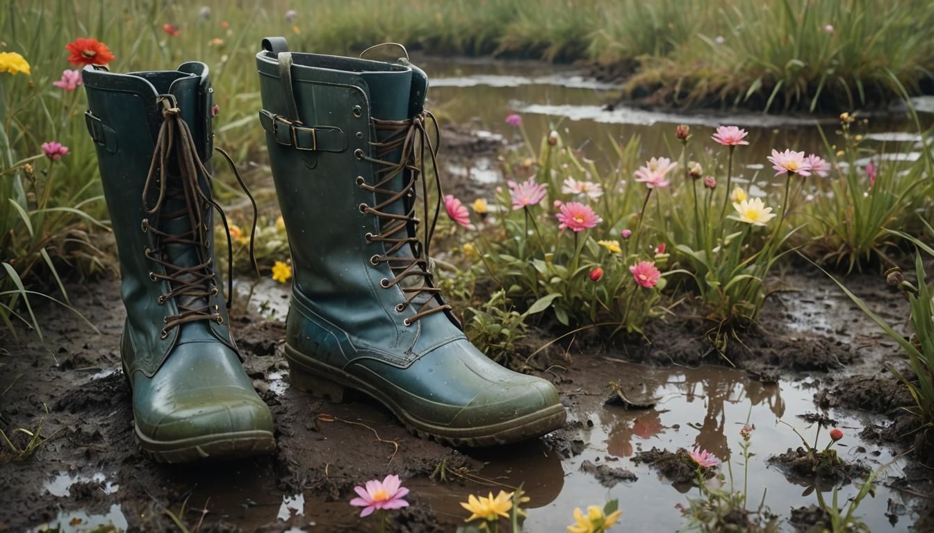 Gum Boots in Peat Bog with Dragonflies: Macro Photography