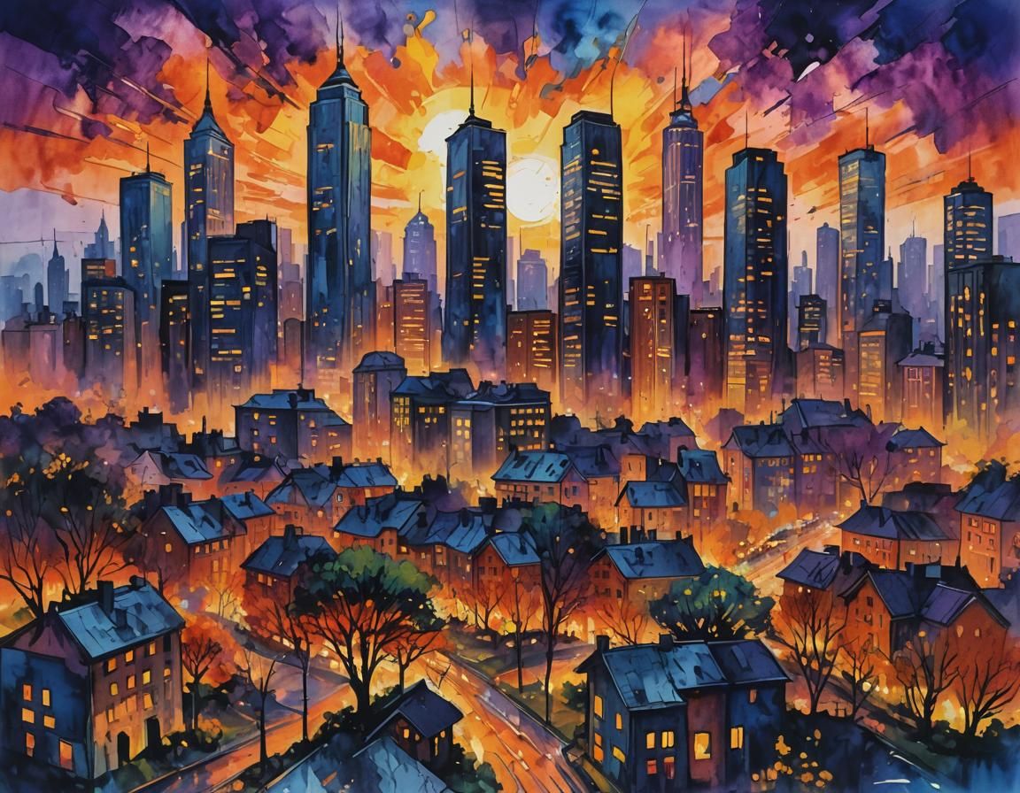 Impressionist Cityscape Painting with Vibrant Sunset