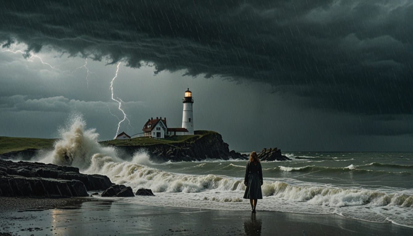 Serene Lake Goddess Amidst Turbulent Stormy Skies