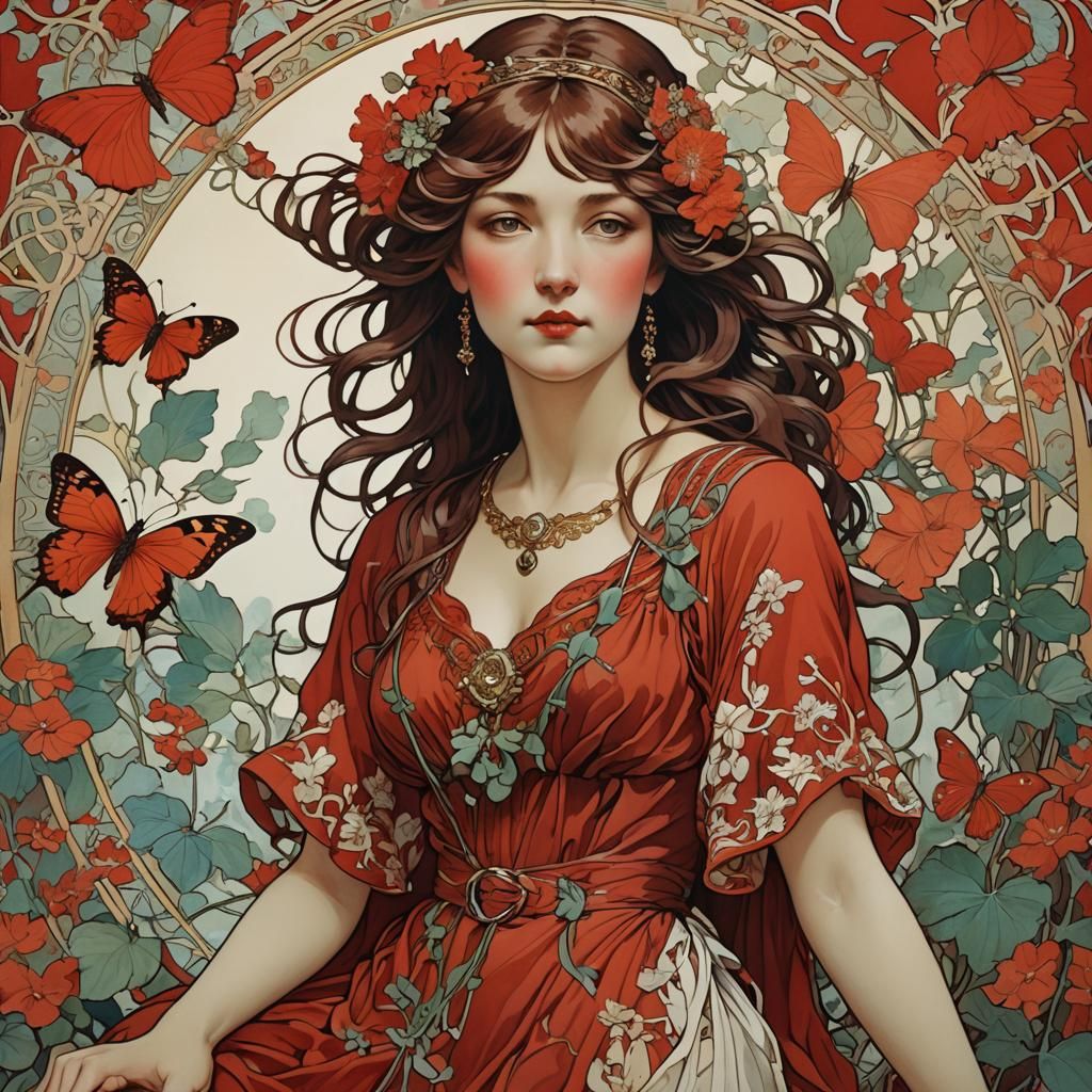 Art Nouveau Woman in Red Dress with Floral Motifs