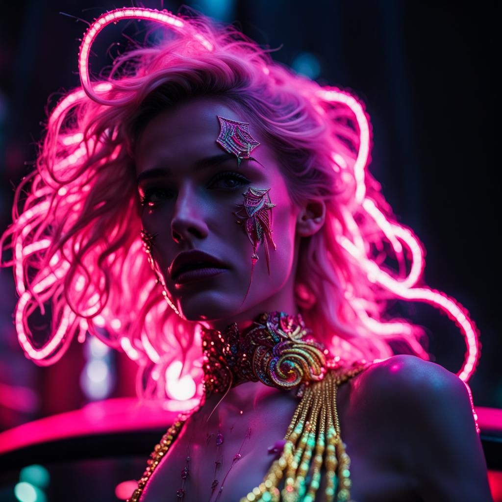Neon Demon in Rainy Street: Synthwave Photography