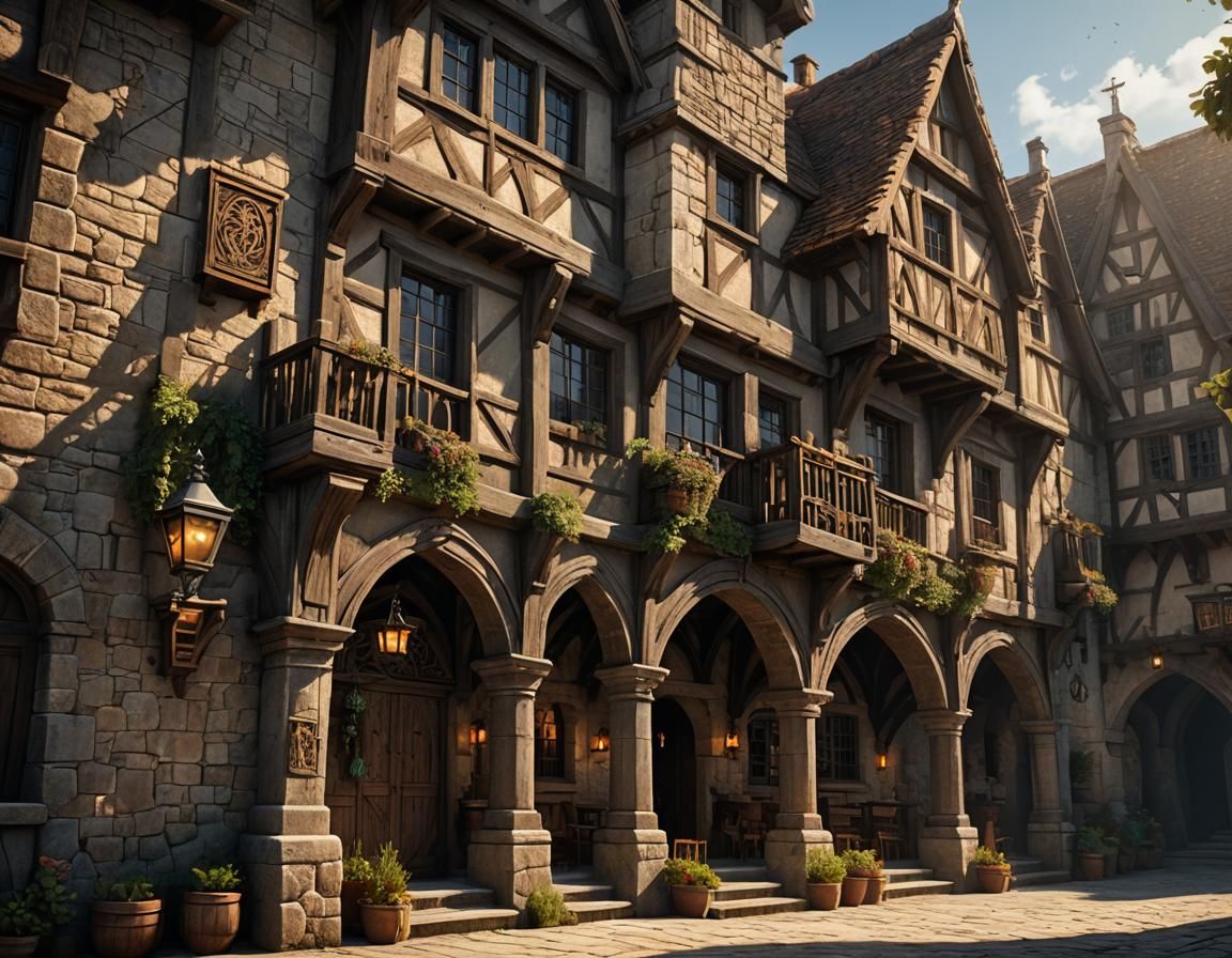 Bustling Medieval Inn Exterior in Analogous Colors