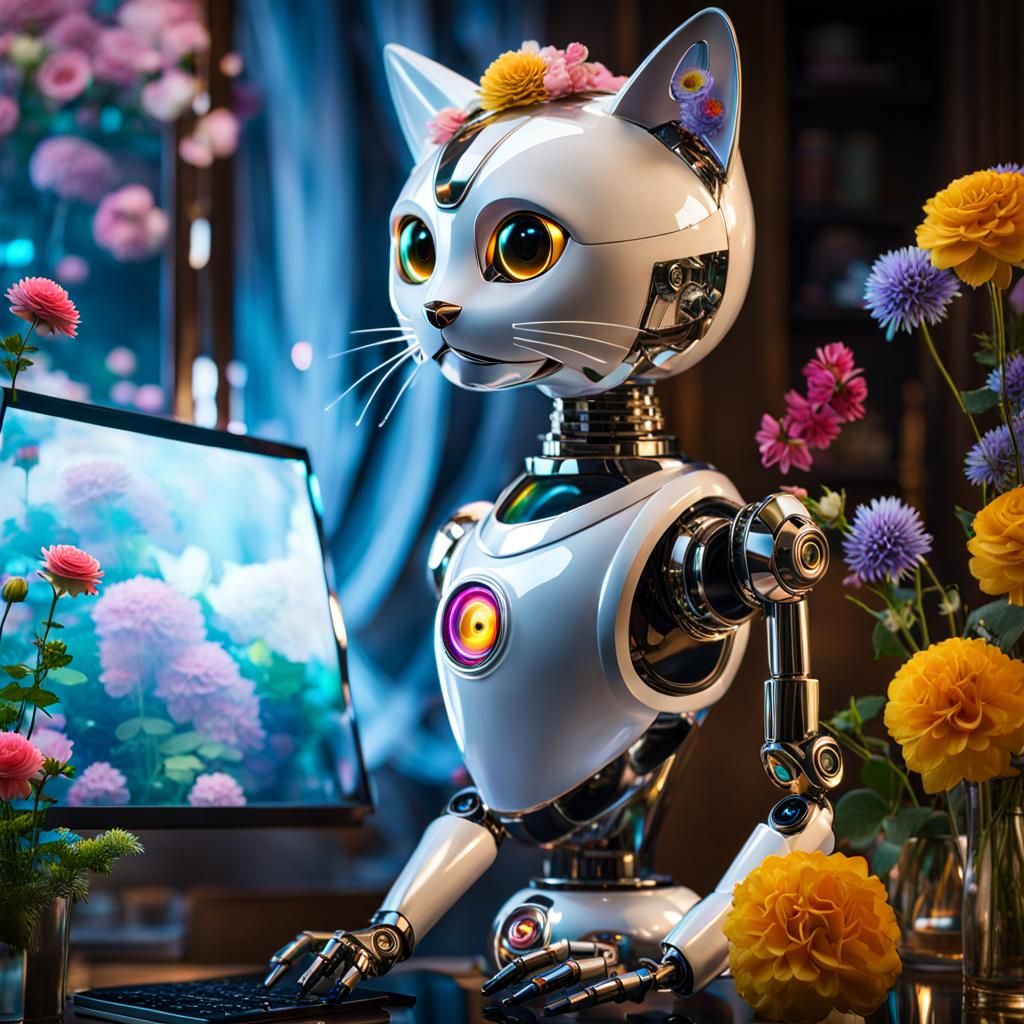 Ceramic Robot Butler with Kawaii Cat Emoji in Art Deco