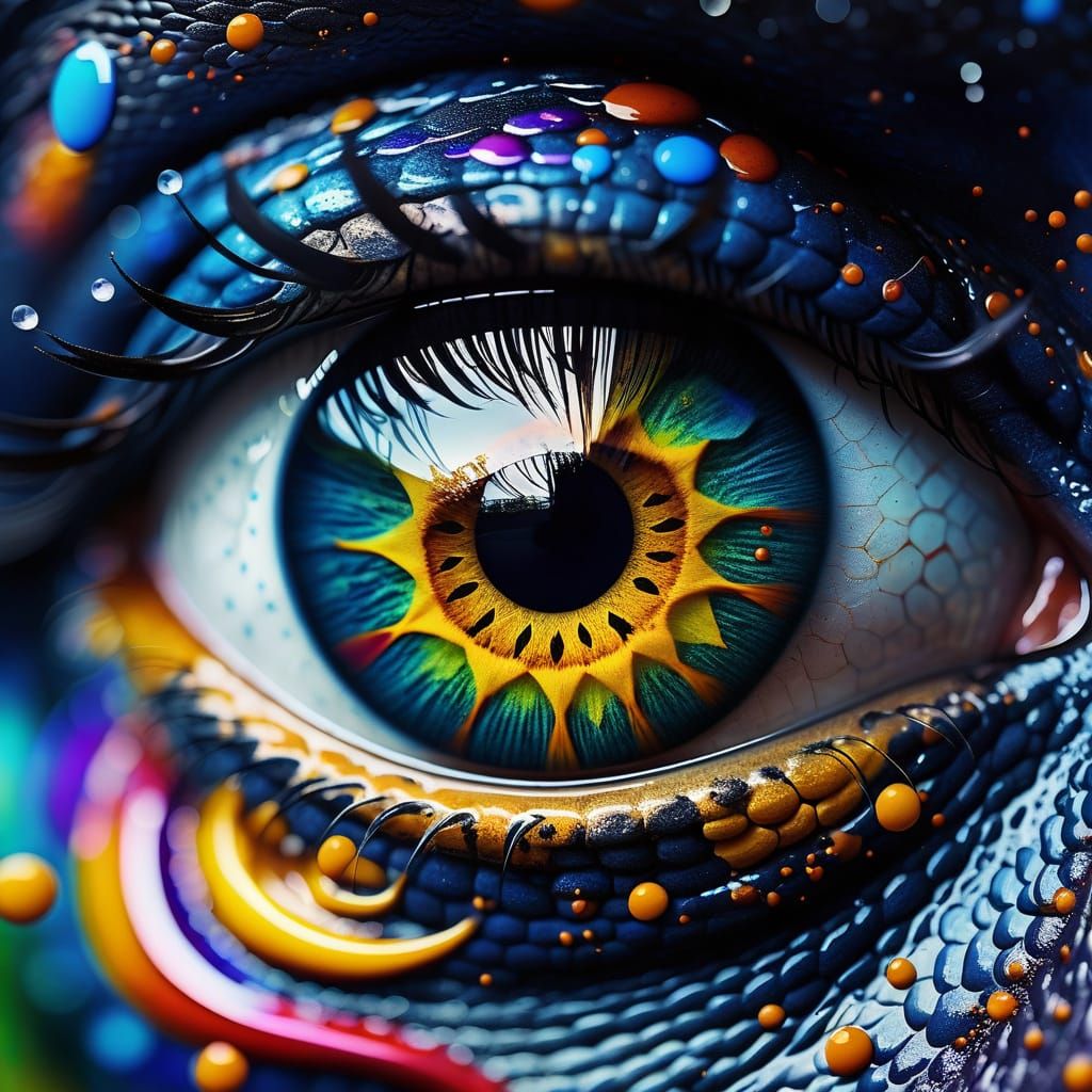 Surreal Macro Close-Up of a Snake's Eye in a Vibrant Cosmos