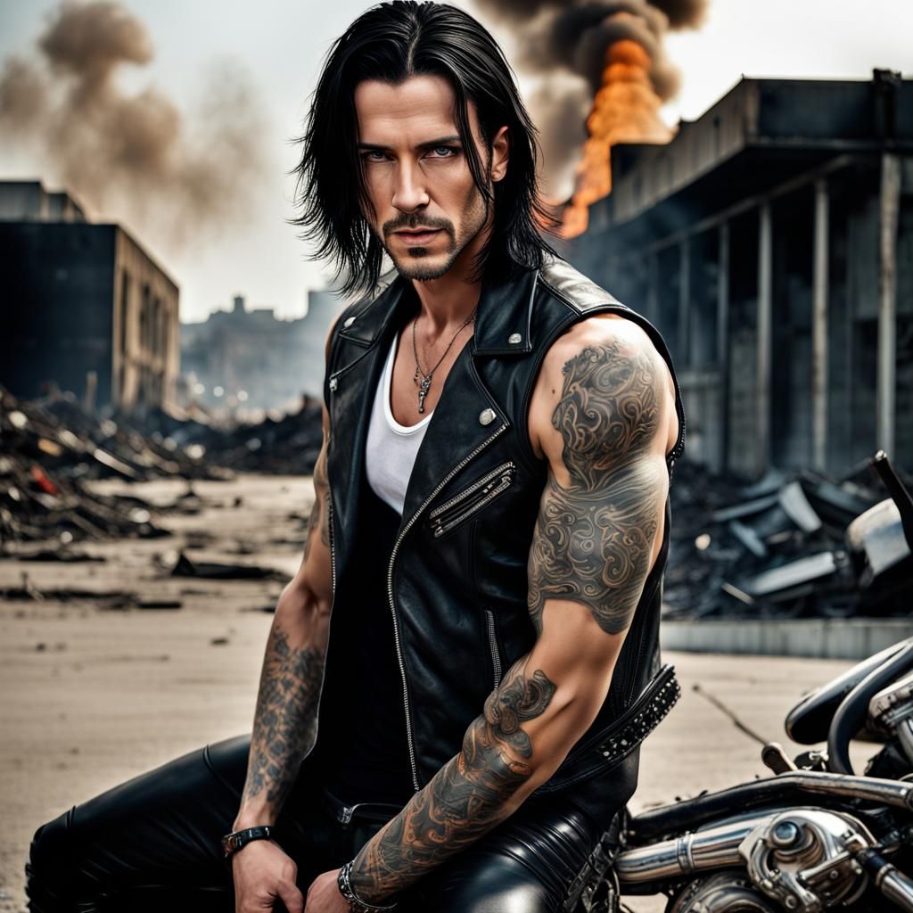 Rock Star in Leather Jacket Before Burning Building