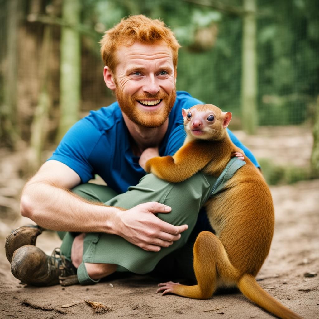 Ginger guy cuddling a kinkajou