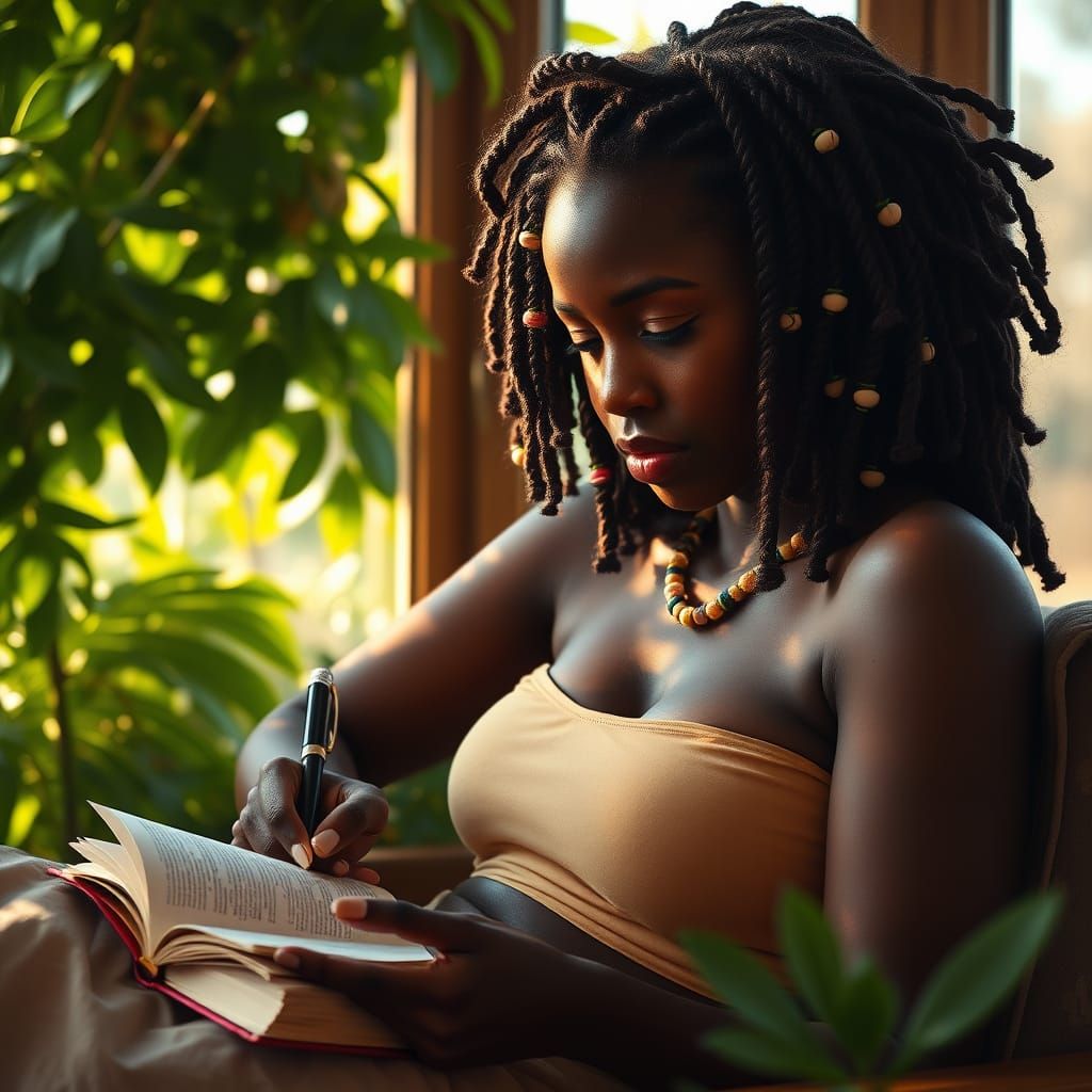 Young Black Woman Writes in Diary with Vibrant Curly Hair in...