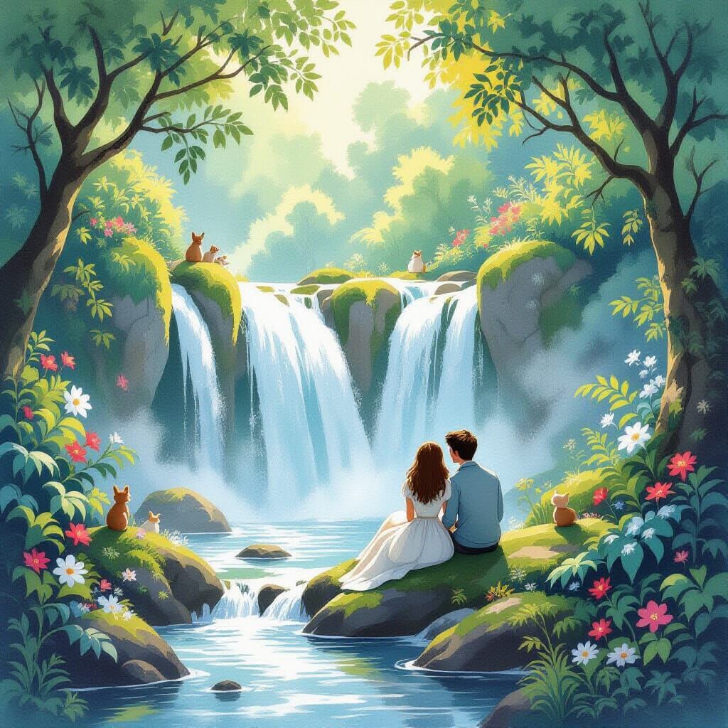 Whimsical Couple by Waterfall, Gouache Style