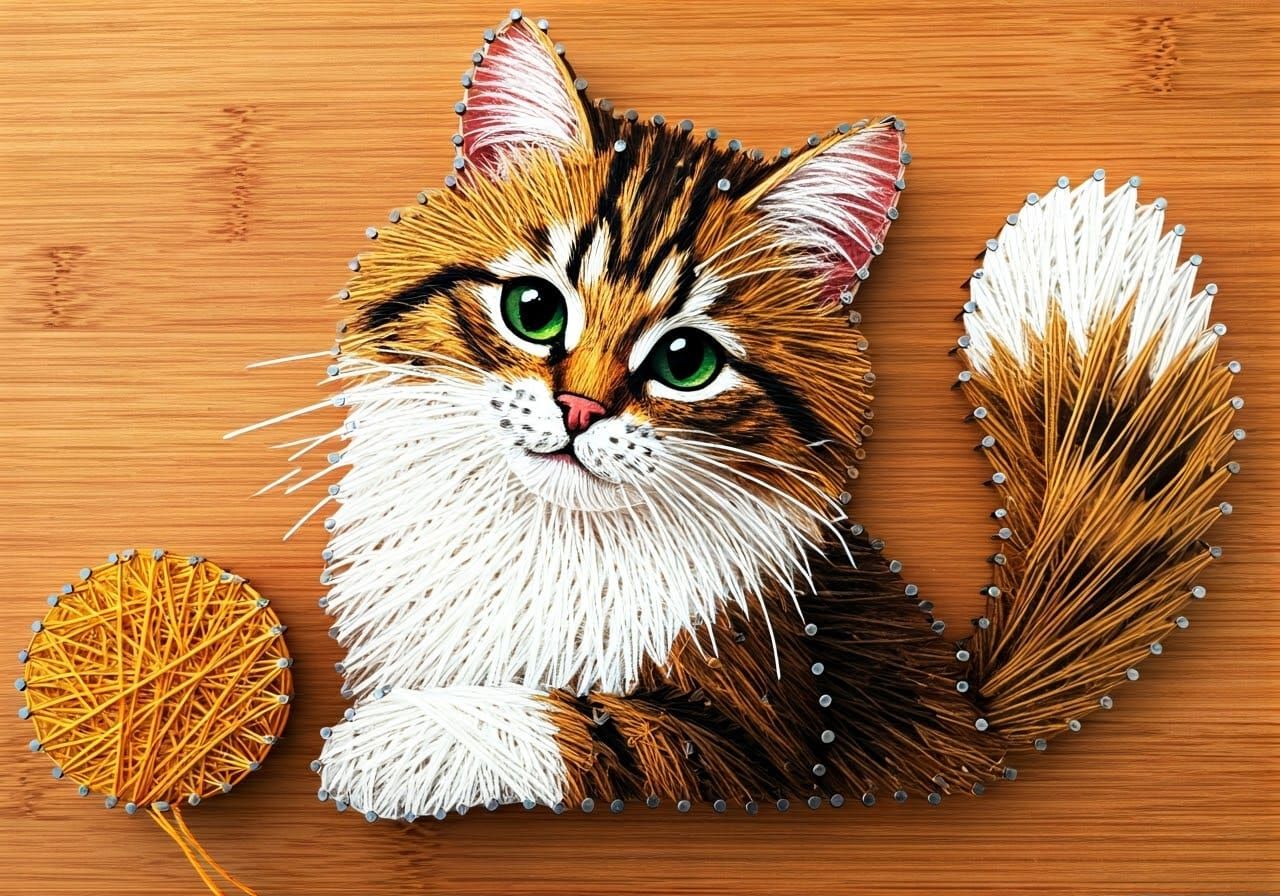 String Art Portrait of Cute Kitten Playing