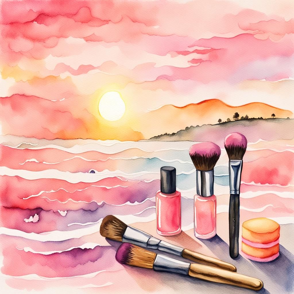 Sunset Landscape Painted with Make-up Brush in Watercolor