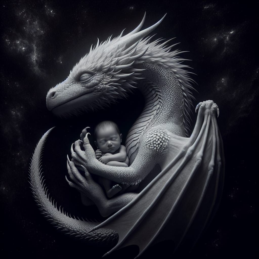 White Dragon Protecting Sleeping Baby in Night Sky
