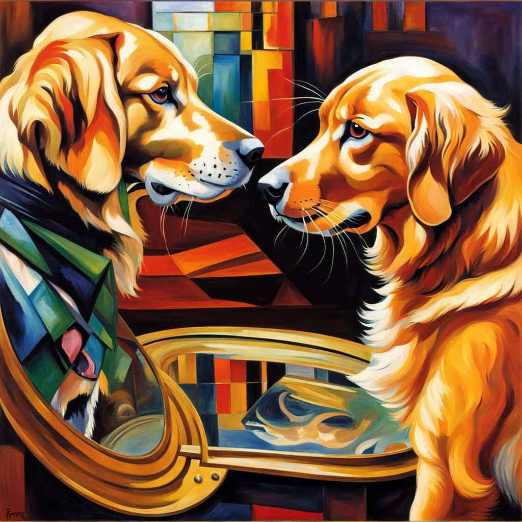 Golden Retriever and Cat Mirror Image, Franz Marc Style