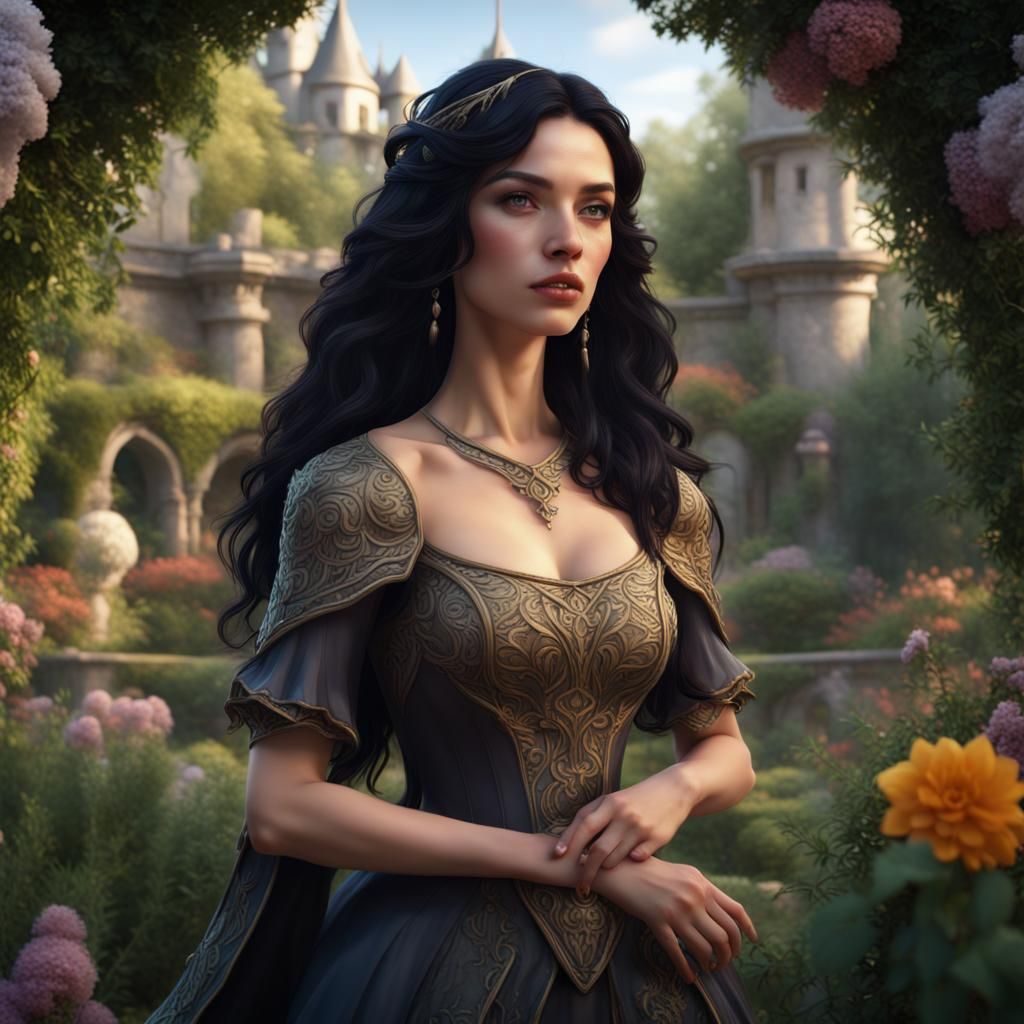 Princess with Black Hair in Garden: Fantasy Art