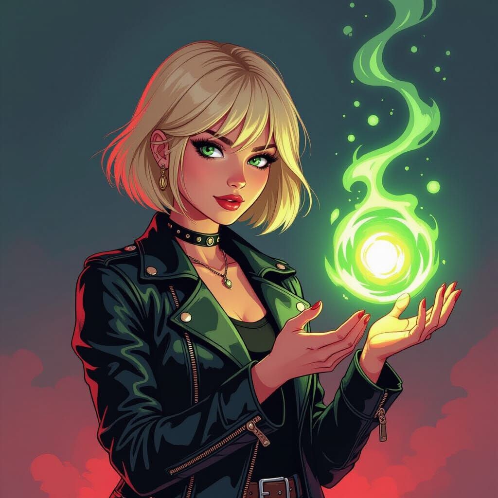 Young Witch Casting Neon Magic, Comic Book Style