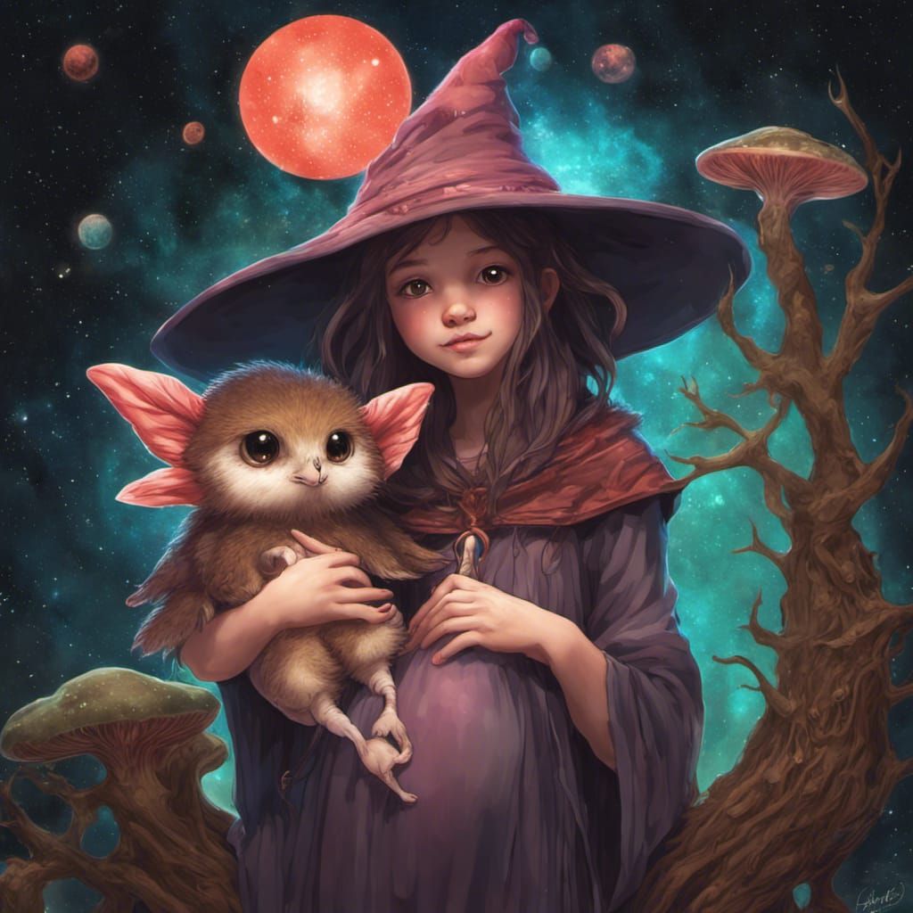 Young Pregnant Witch and Wizard Couple in Psychedelic Surrea...