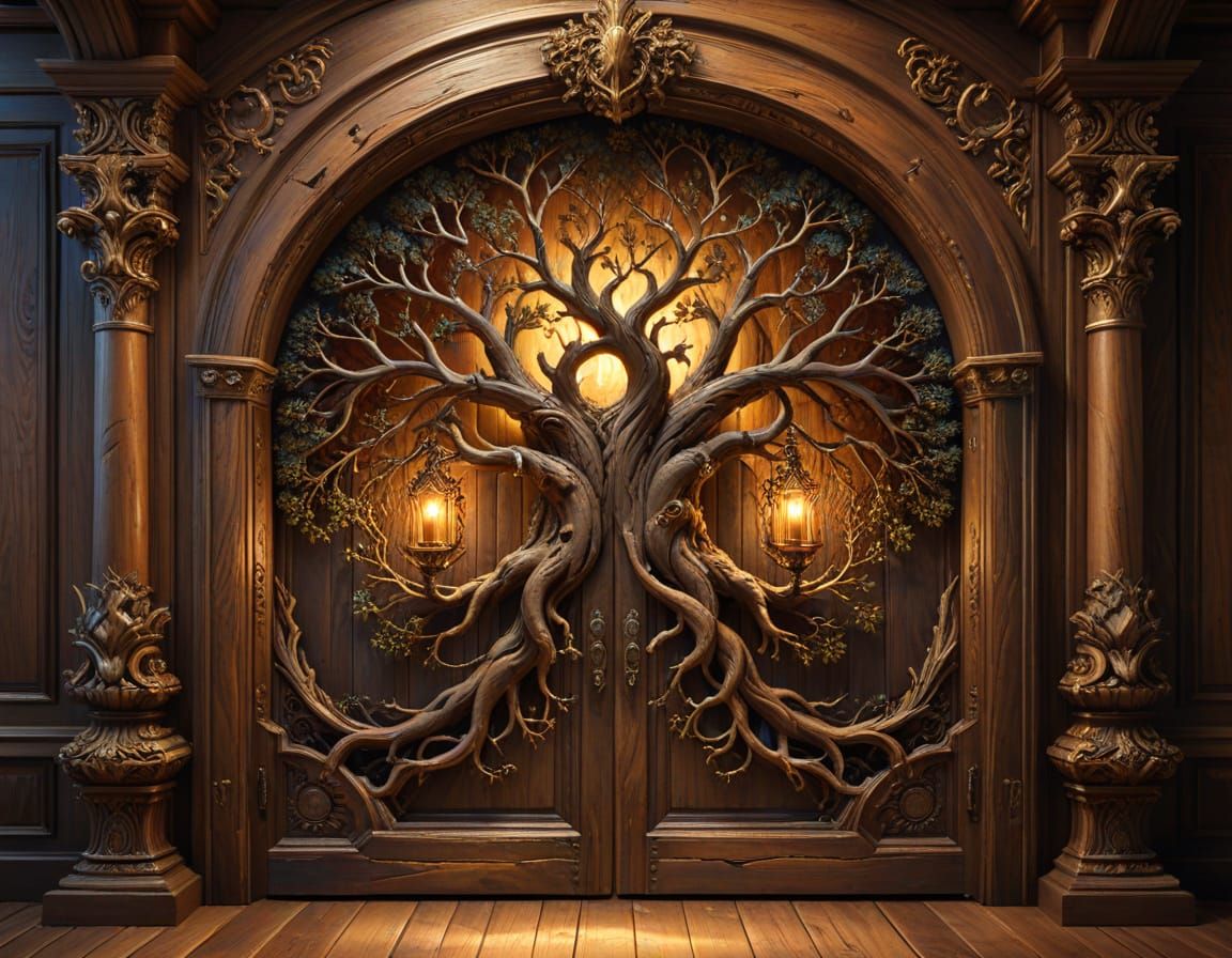 Baroque Carved Doors Opening to Fantasy Worlds