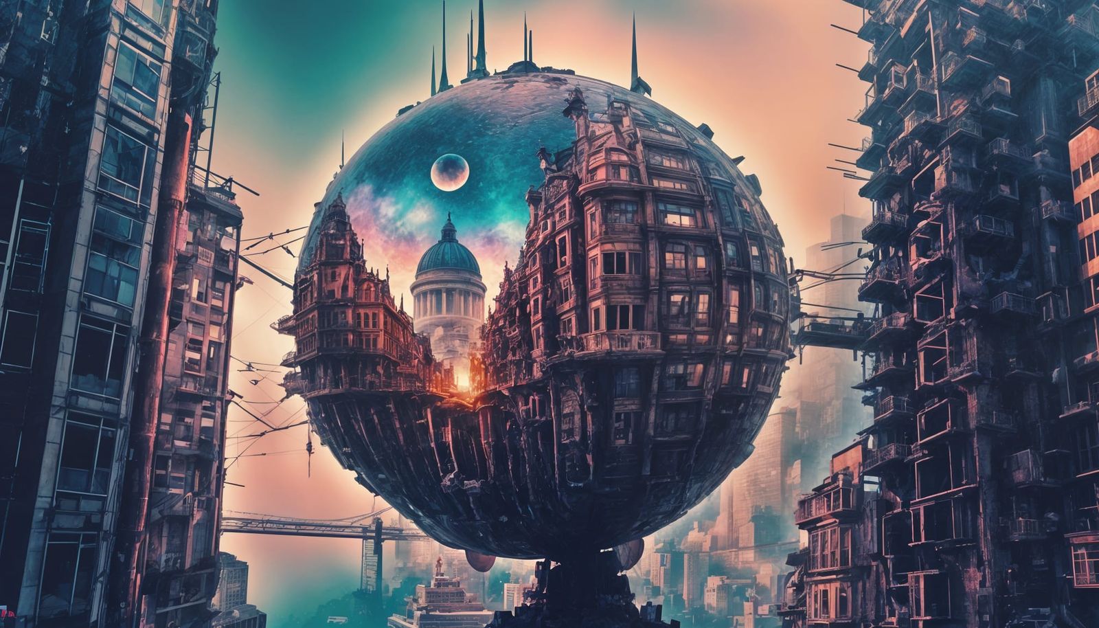 Mystical City in Surreal Sphere with Glitch