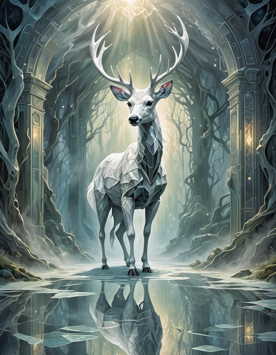 White Deer Enters Portal in Cell-Shaded Cubism