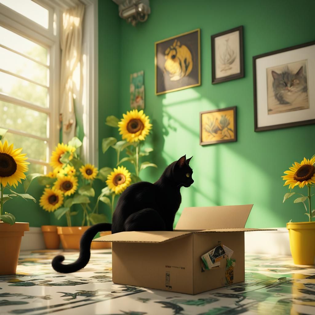 Black Cat in Cozy 50s Apartment, Detailed Matte Painting