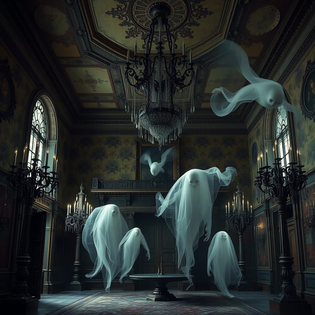 Gothic Mansion Haunted by Ethereal Ghosts in Dark Surrealism