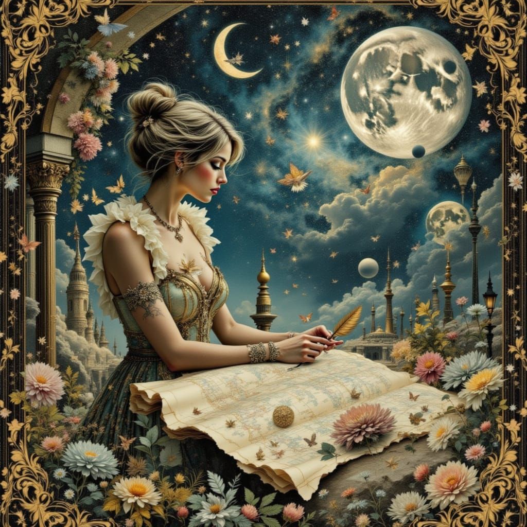 Celestial Cartographer Mapping Galaxies in Lunar Aesthetic