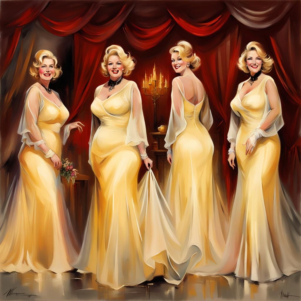 Comic Noir Expressionism by Willem Haenraets, mature smiling blonde BBW women. Women's Shining Organza Dresses.