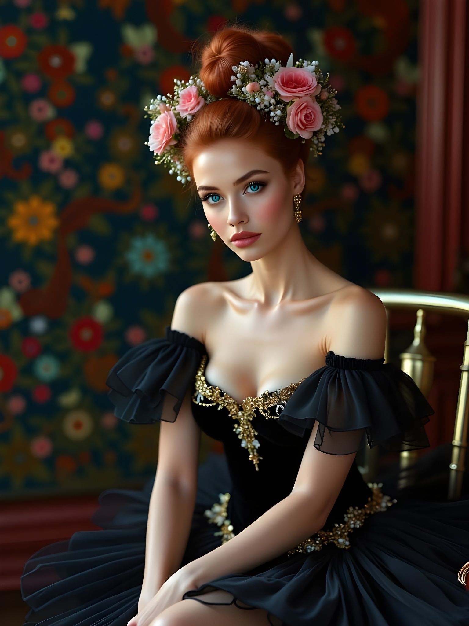 Ethereal Ballerina with Floral Crown and Black Tulle Dress