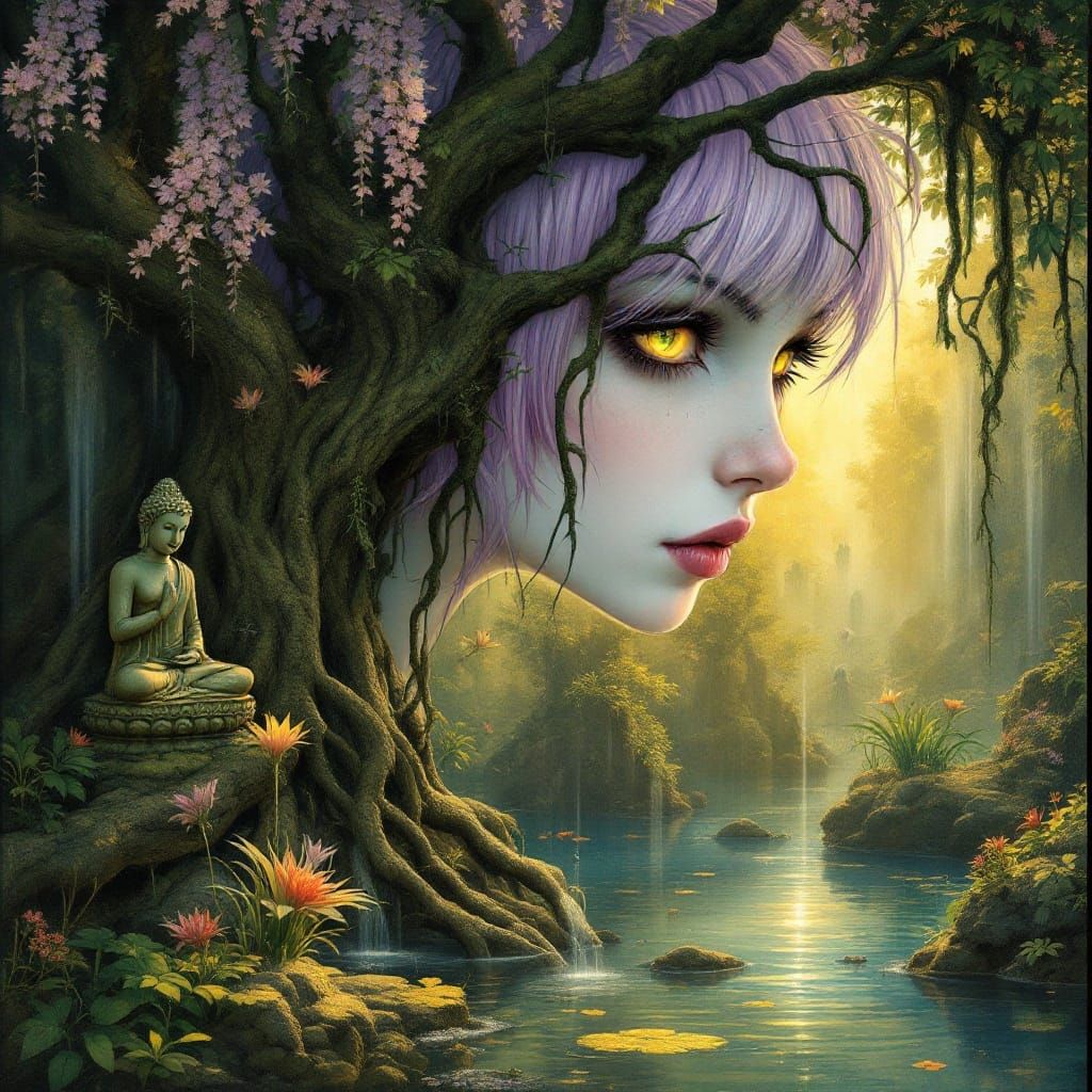 Ethereal Gothic Fairy Merges with Japanese Water Garden