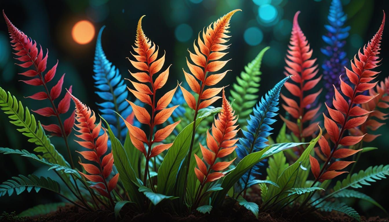 Ethereal Pulsefern Blooms with Glowing Fronds in Vibrant Con...