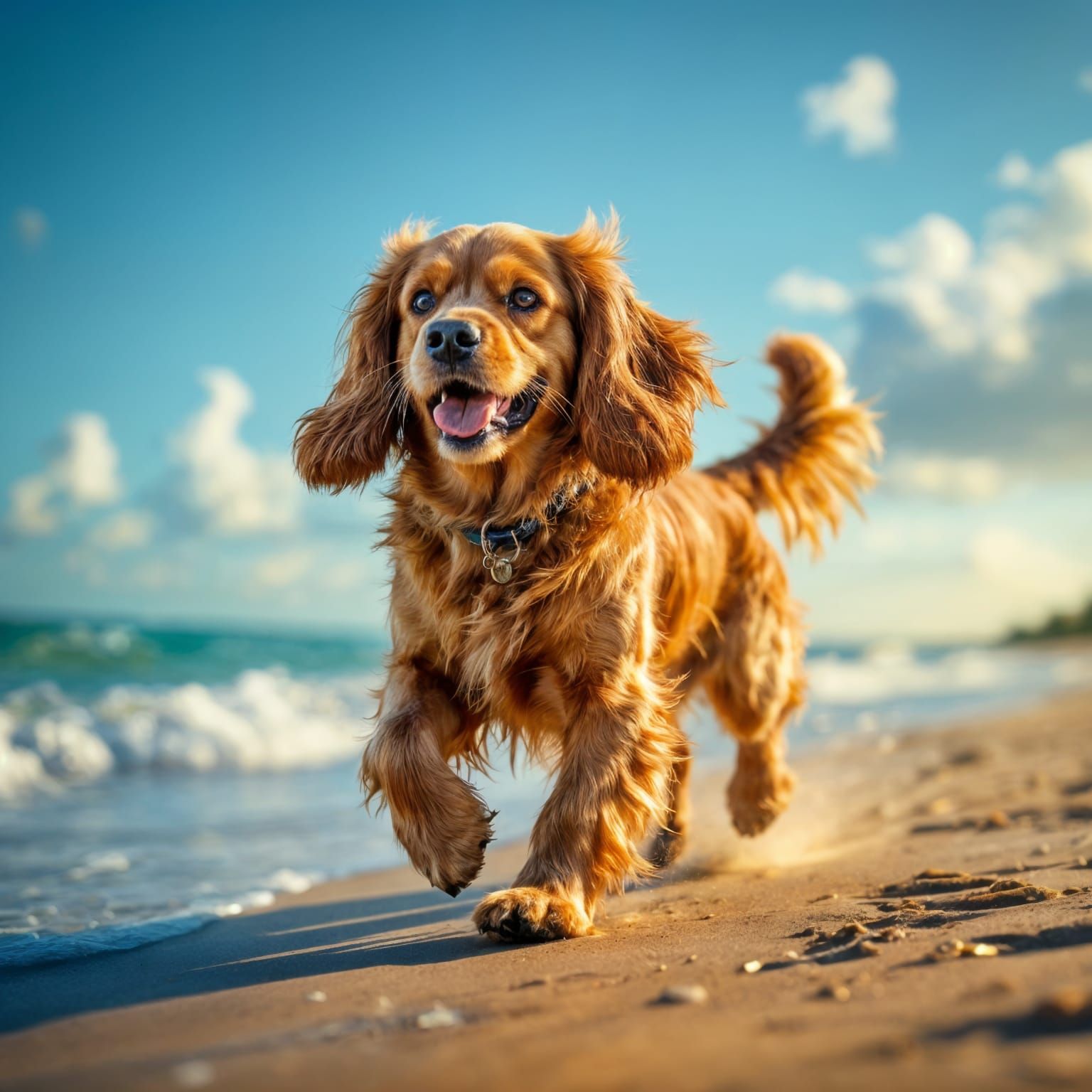 Happy Cocker Spaniel Running on Beach: Hyperrealistic Photo