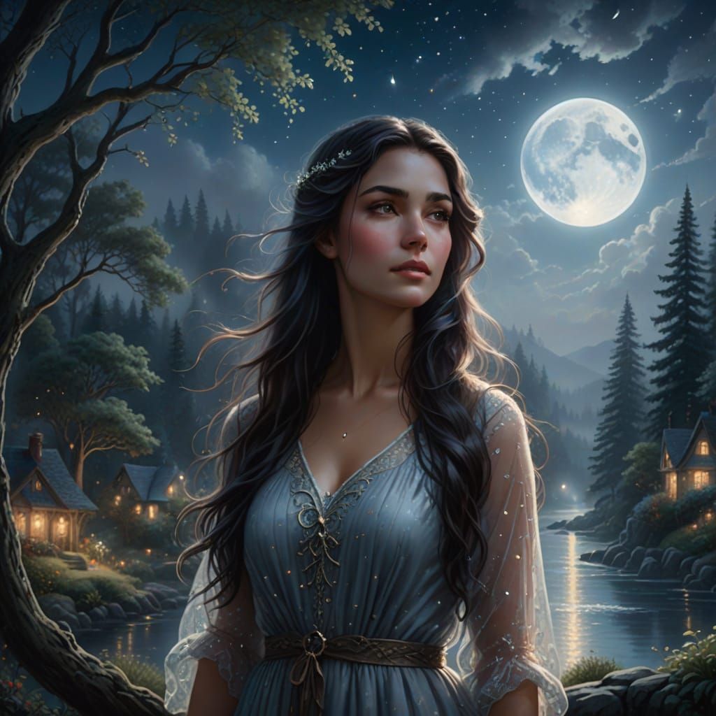 Ethereal Woman in Moonlit Fantasy Landscape