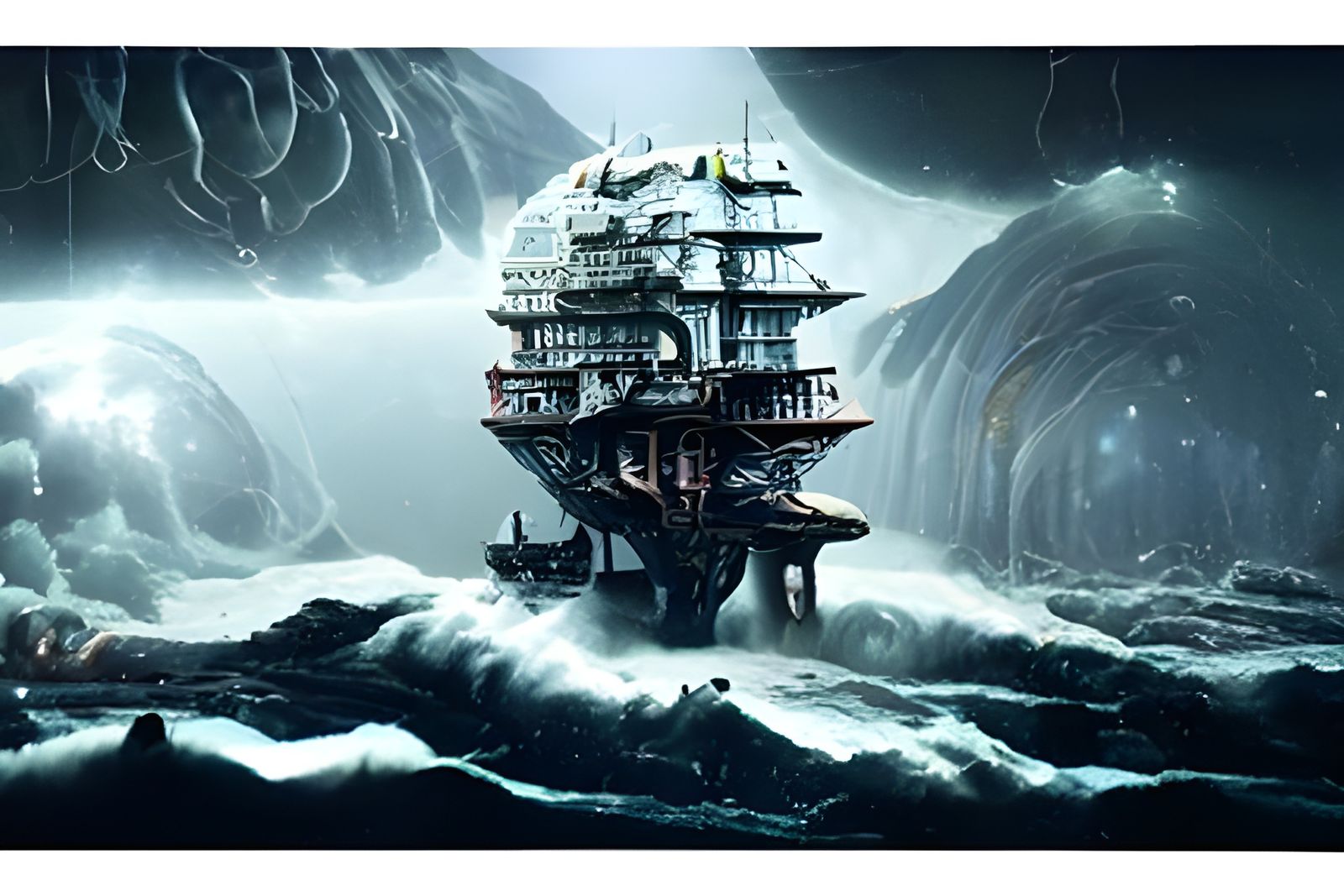 Alien Ship Navigates Storm in Kinetic Pointillism Style