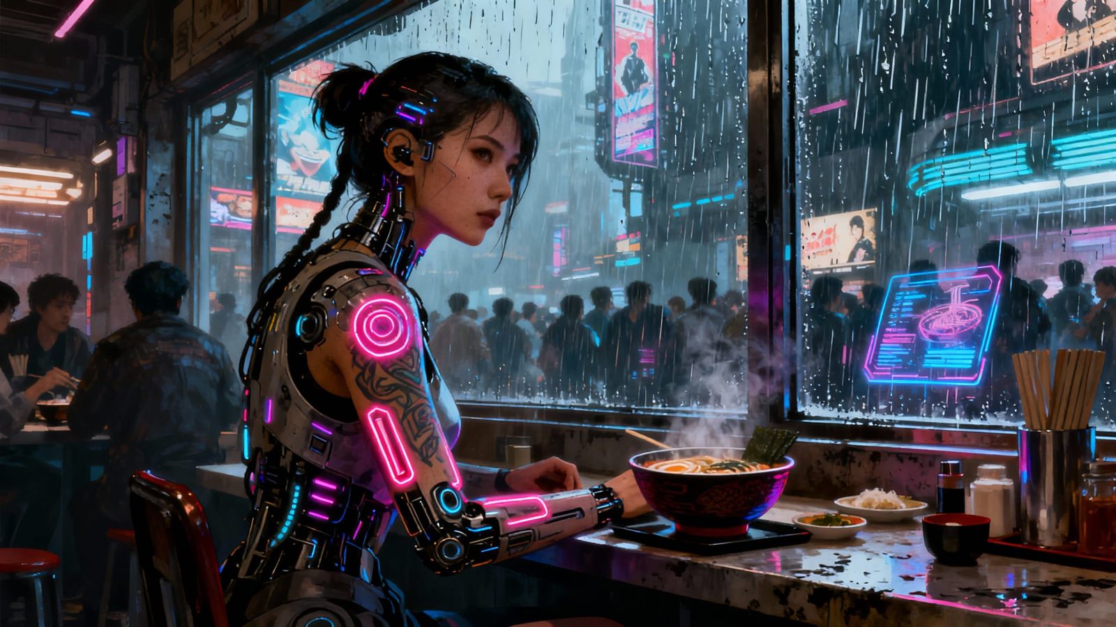 Cyborg Woman at Futuristic Ramen Bar in Neon City