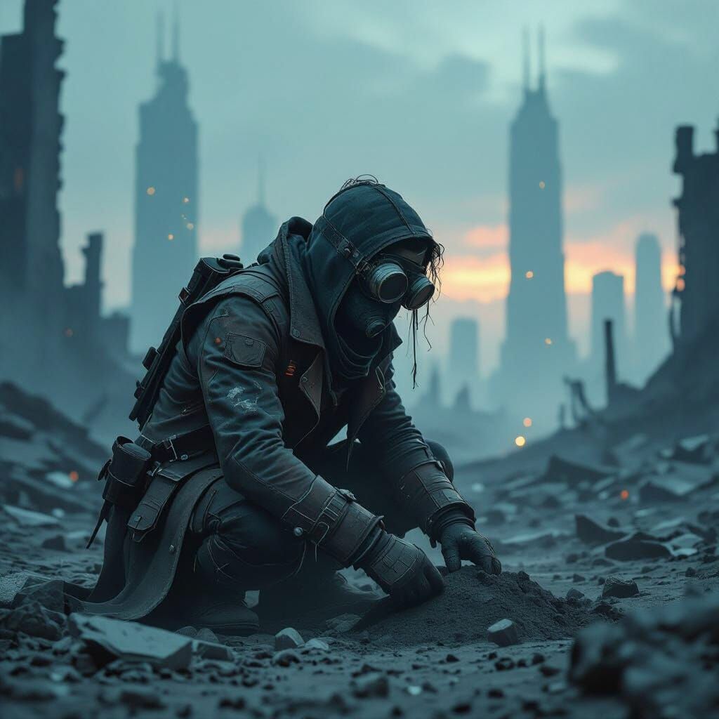 Dystopian Scavenger in Ruined City Under Twilight Sky