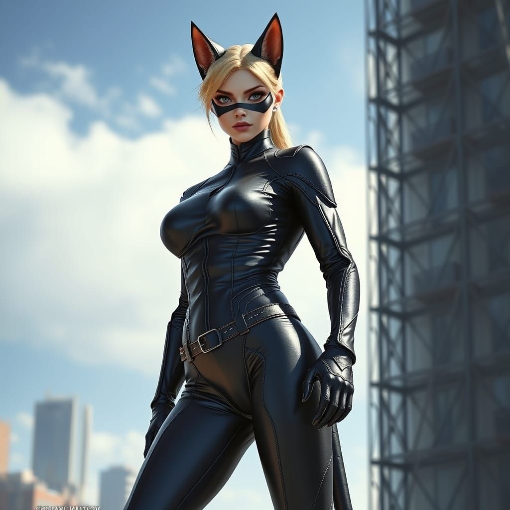 Cyberpunk Feline Warrior Conquers Urban Skyscraper