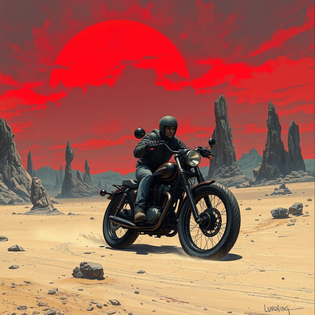 Biker Rides Through Crimson Desert: Dark Fantasy Art