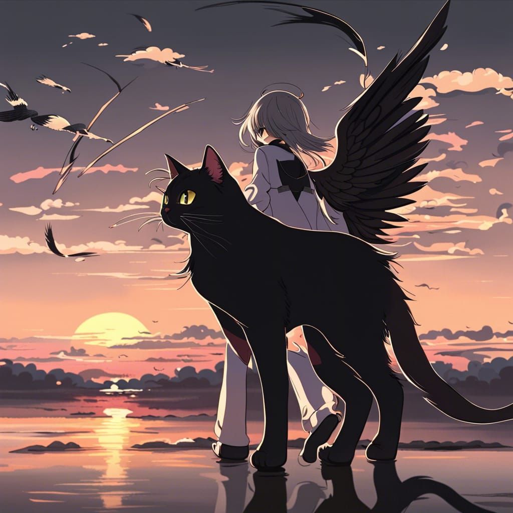Black Cat with Angel Wings at Sunset in Anime Style