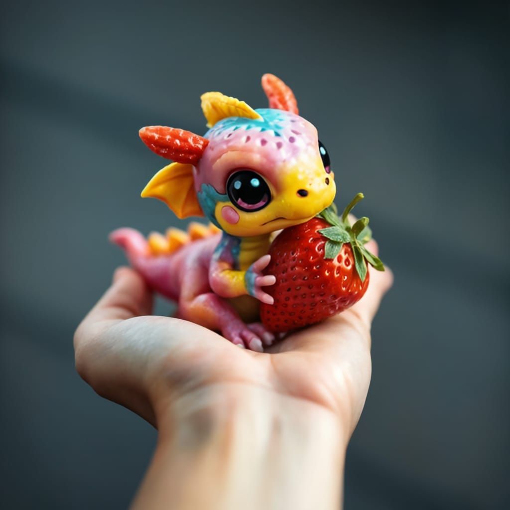 Chibi Rainbow Dragon Holds a Strawberry