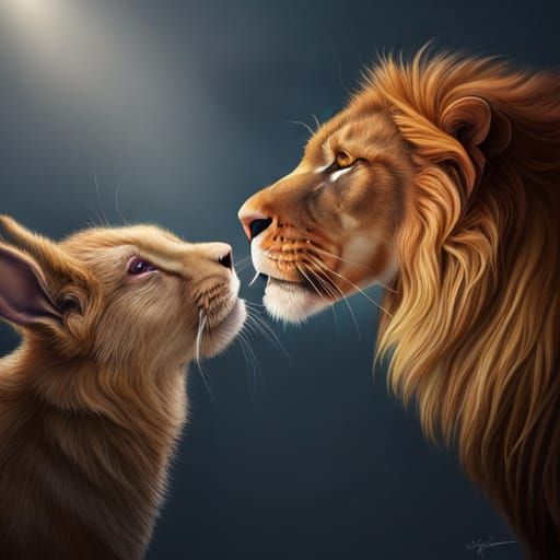 Hyperrealistic Rabbit and Lion Portrait
