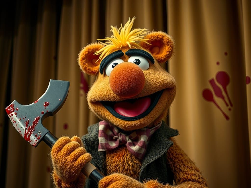 Fozzie Bear Grinning With Bloody Axe on Stage