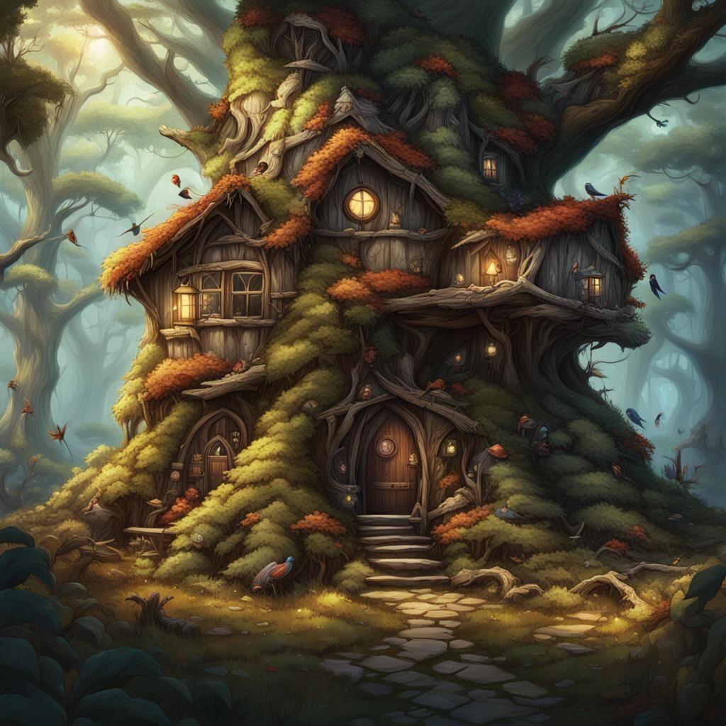 Sparrow and Woodpecker Homes in Fantasy Forest