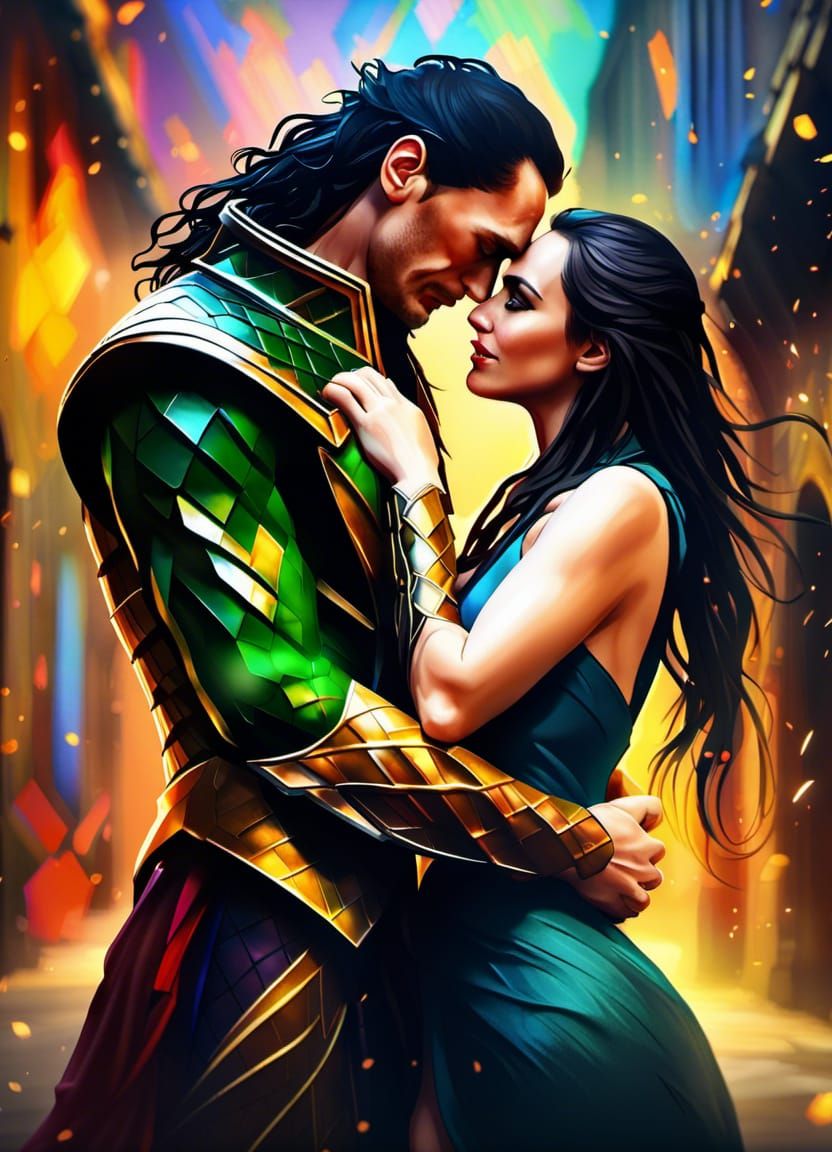 Loki in Romantic Embrace, Hyperrealistic 3D Rendering