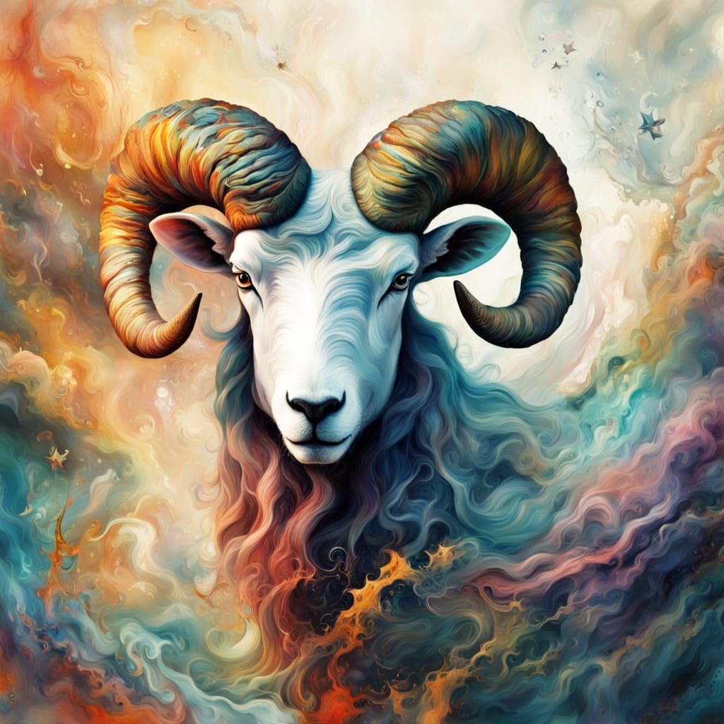 Aries Zodiac Ram in Cosmic Mixed Media Masterpiece