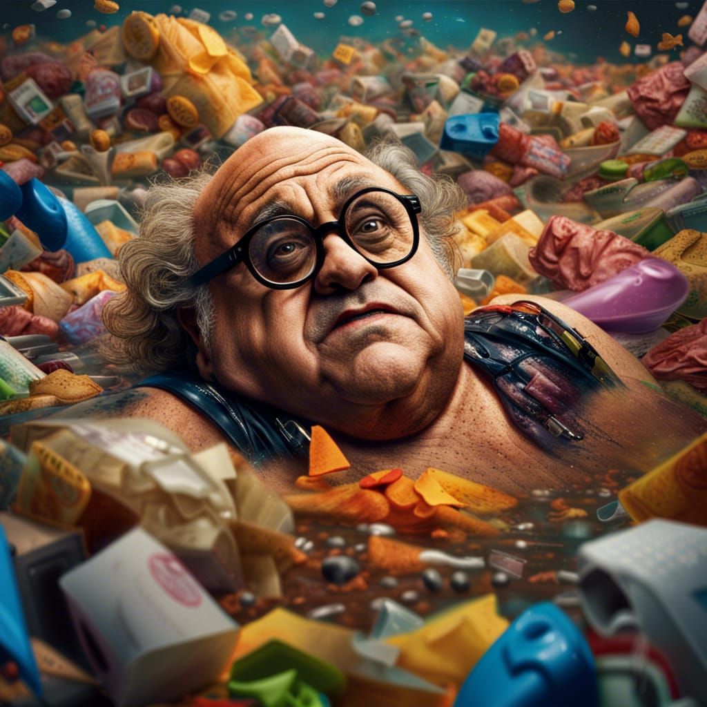 Danny Devito Swimming in Garbage, Detailed and Vibrant