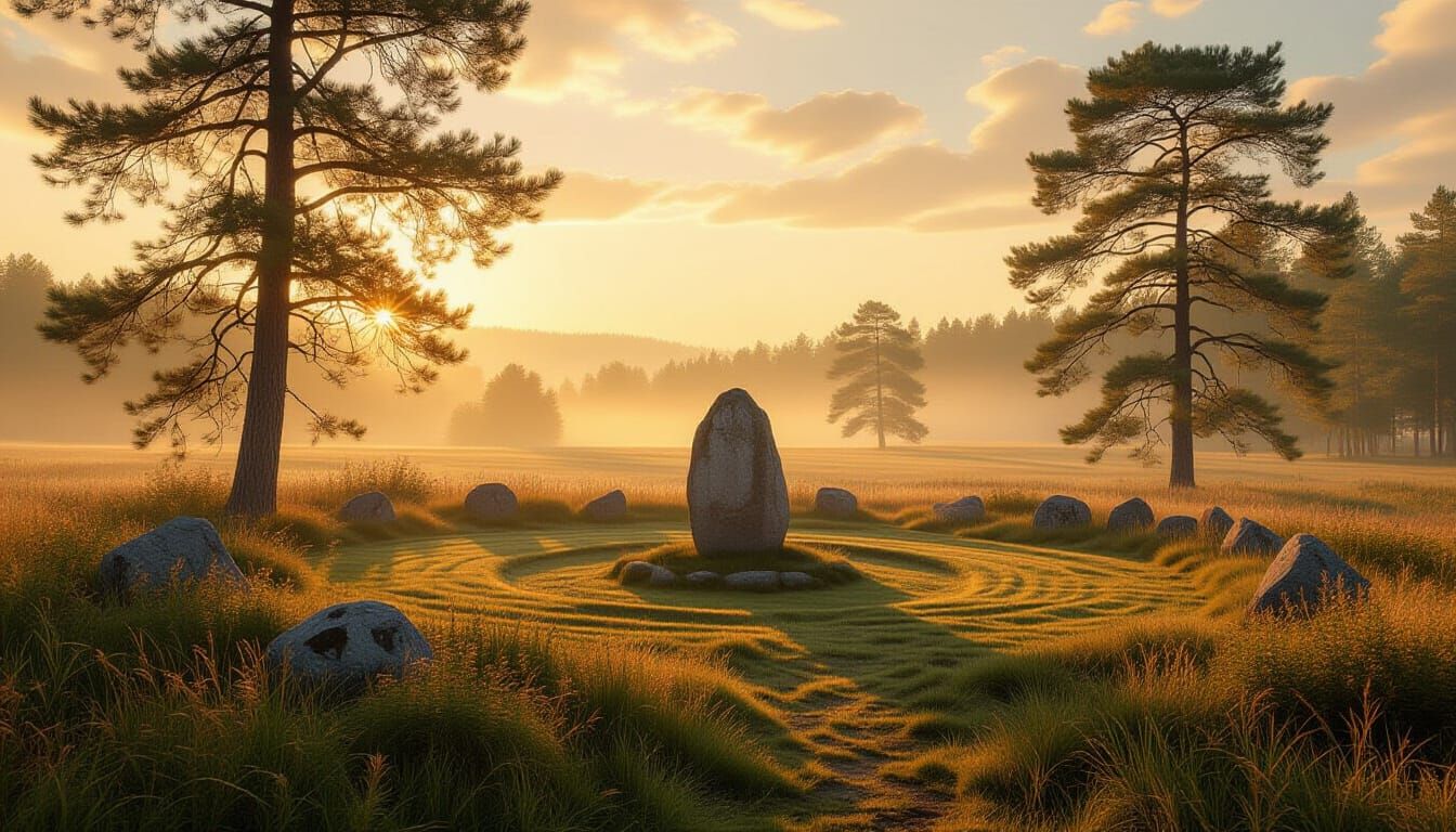 Ancient Stone Circle in Golden Light, Dreamy Landscape