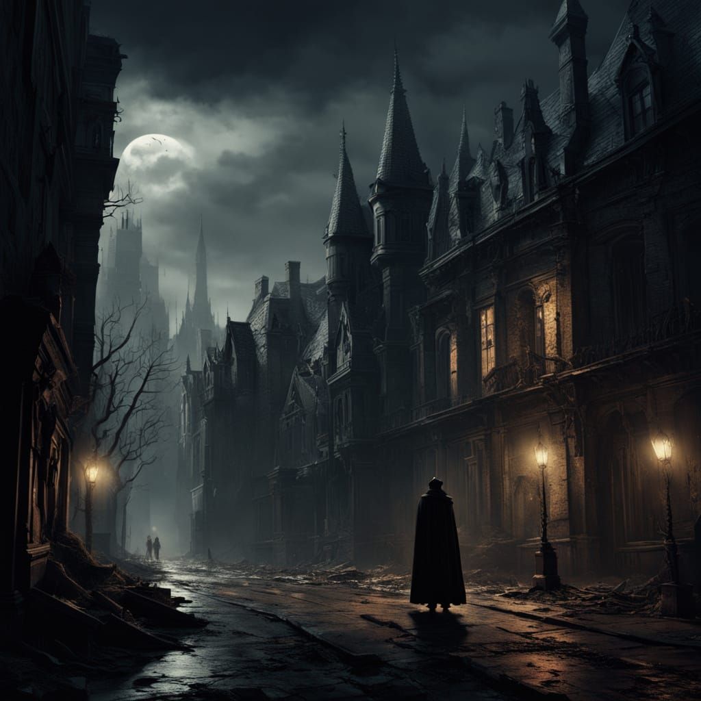 Dark Fantasy Vampire in Gothic Cityscape