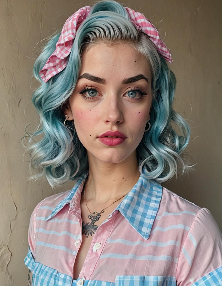 Pastel Pinup Girl with Tattoos and Blue Hair