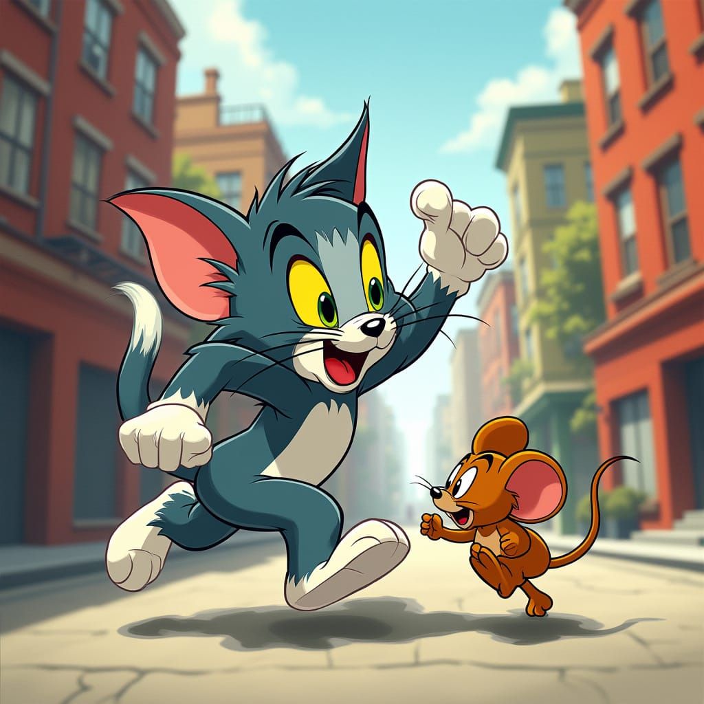 Tom and Jerry Chase Through Cartoon Cityscape