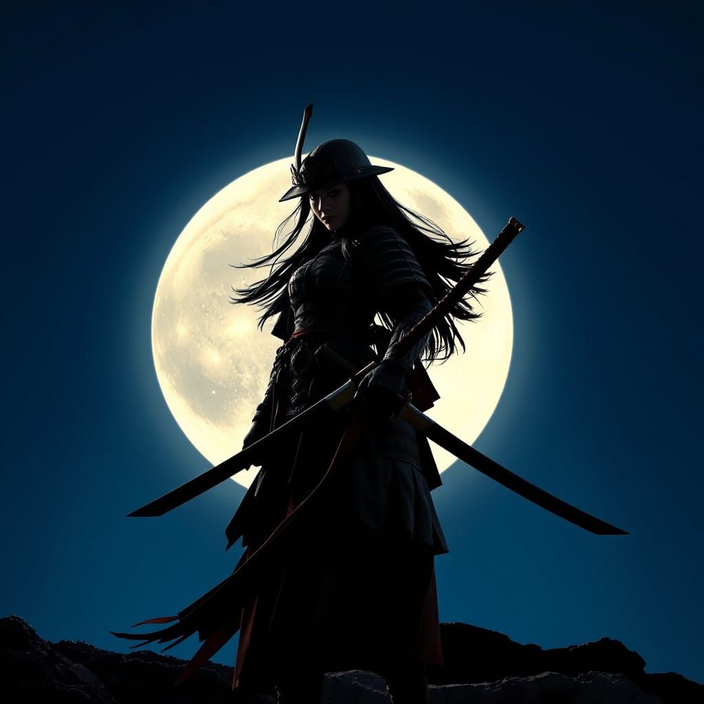 Samurai Warrior Silhouette Against Moon, Digital Art
