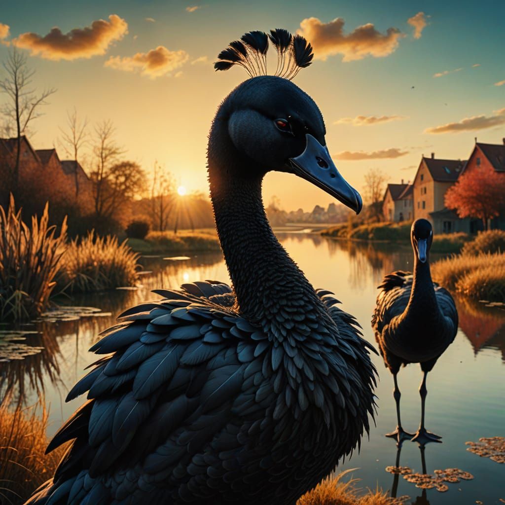 Surreal Swan-Headed Man in Hieronymus Bosch Style